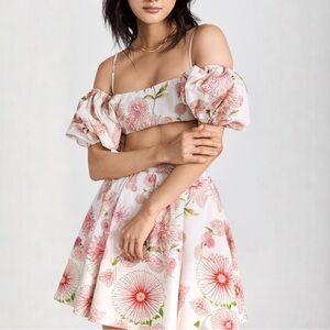 NWT Giambattista Valli Pink Floral Puff-Sleeve Cotton Poplin Crop Top Sz  M(012)